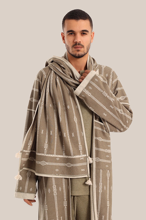 Embroidered striped shawl with tassels